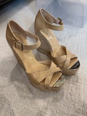 Jimmy Choo Nude Patent Leather Espadrille Wedge Sandals